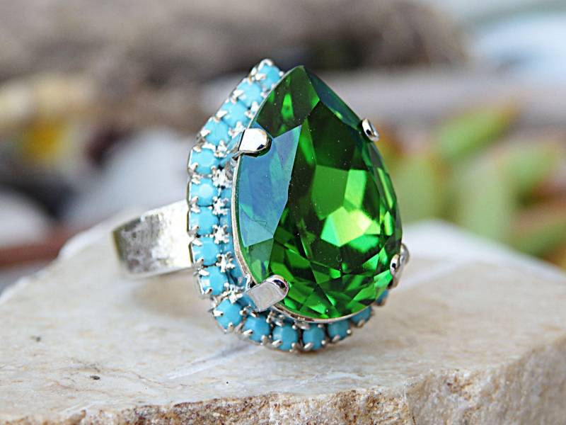 Smaragd Kristall Ring Tropfen Strass, Grün Türkis Smaragd Kristall Ring Tropfen Strass, Grün Türkis von rebekajewelry