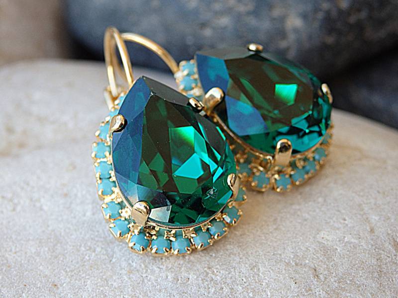 Smaragd Türkis Kristall Ohrringe Für Frau. Grüne Tropfen Ohrringe.braut Ohrringe, Geschenk Frau, Schmuck von rebekajewelry