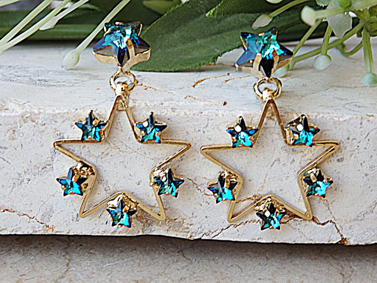 Blaue Kristall Stern Ohrringe Silber/Gold Rosévergoldet Ohrhänger von rebekajewelry