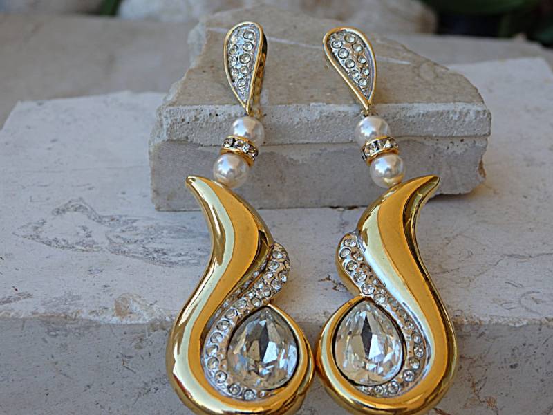Strass Und Perlen Ohrringe, Braut Kronleuchter Lange Statement Kristall Gold Tropfen Ohrringe von rebekajewelry