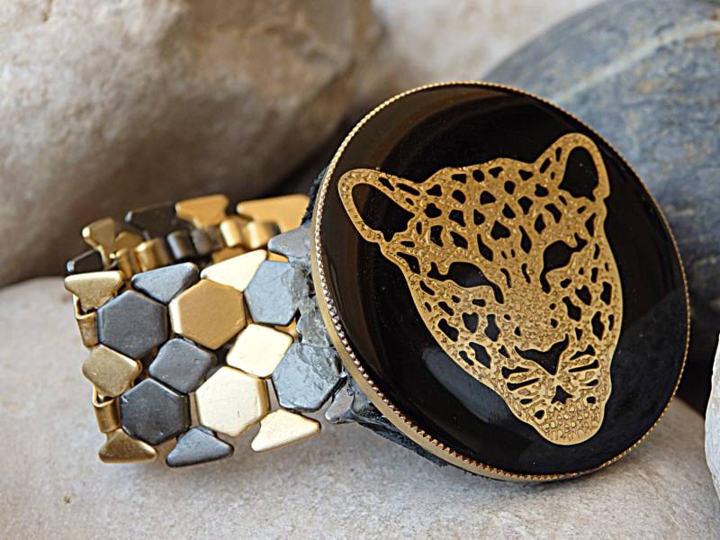 Tiger Armband, Leopard Gold Große Katze, Wildkatze Armreif, Emaille Schmuck, Tier Armband, Schwarz Armband von rebekajewelry