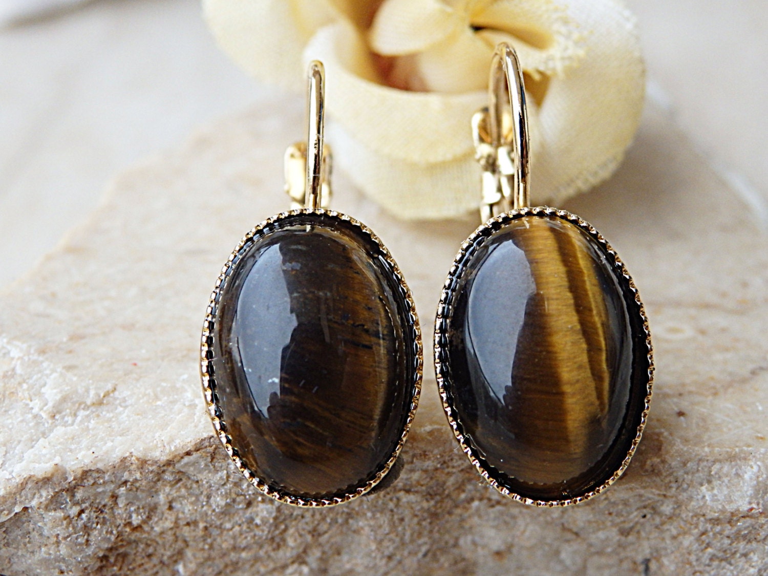 Tigerauge Hängeohrringe Brauner Edelstein Boho Schmuck von rebekajewelry