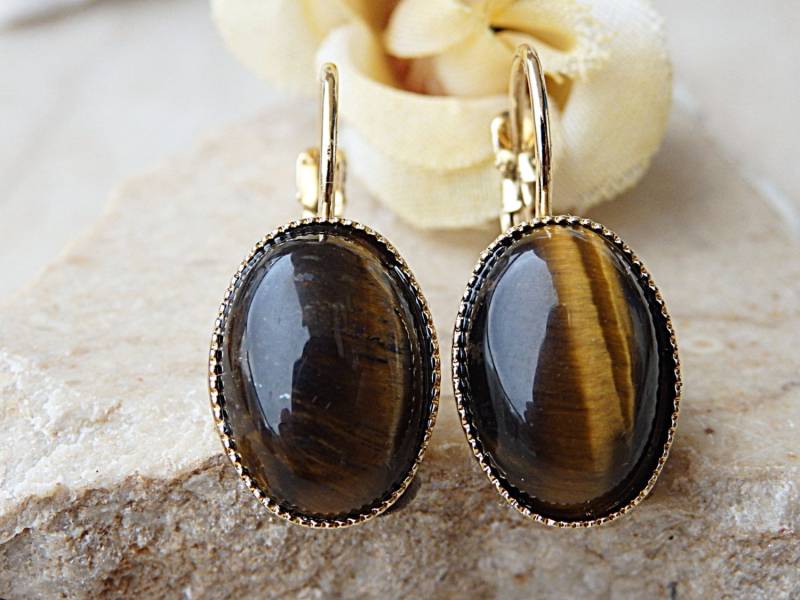 Tigerauge Hängeohrringe Brauner Edelstein Boho Schmuck von rebekajewelry