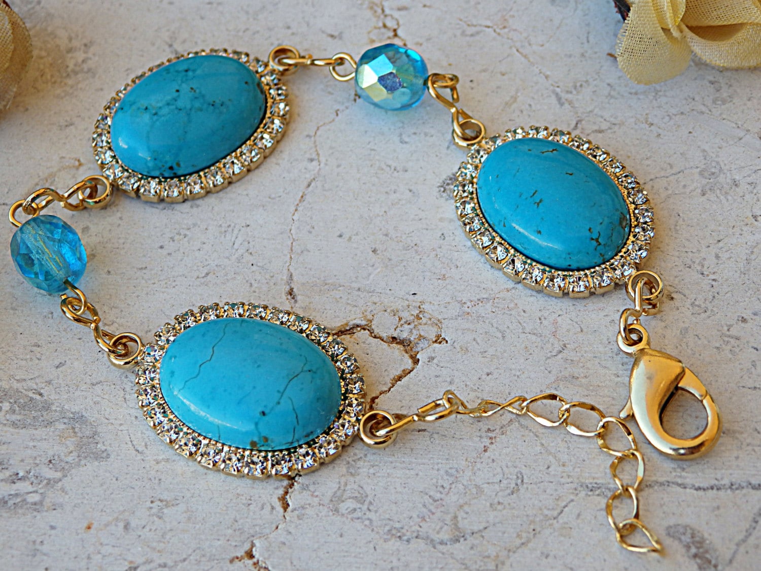 Türkis Armband, Schmuck, Natürliches Armband Mit Blauem Stein, Handgemachter Ovaler Armreif von rebekajewelry