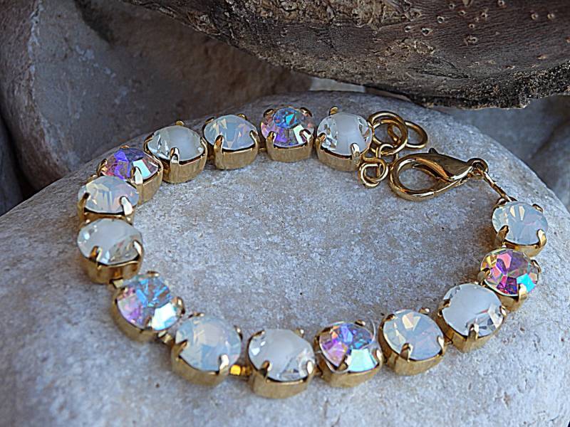 Weißer Rhinestone-Braut Armband, Kristall Tennis Weißer Rhinestone-Schmuck, Weißes Hochzeit Klares Kristall-Armband von rebekajewelry