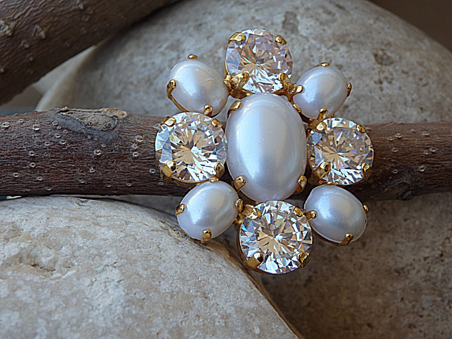 stapelringe. Verstellbar Kristall Ring .klar Und Perle Goldring. Multistein Ring. Braut von rebekajewelry