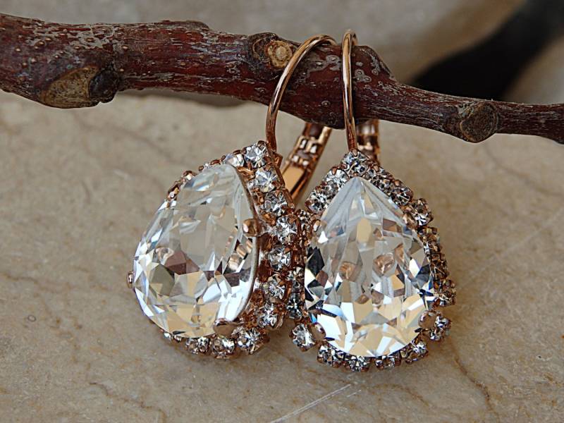 strass Klare Ohrringe, Tropfenförmige Rose Gold Kristall Hängeohrringe, Braut Hängeohrringe Für Juwelier Geschenk von rebekajewelry