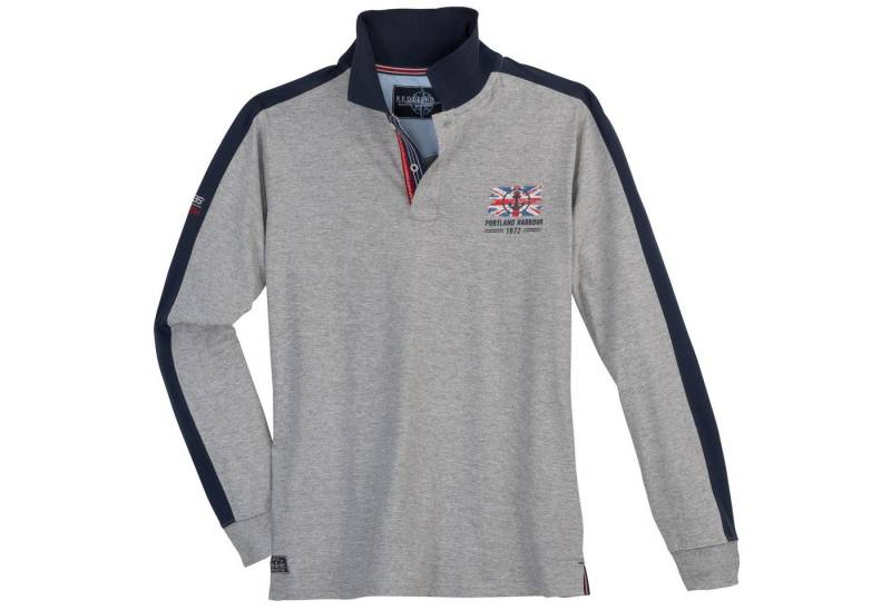redfield Langarm-Poloshirt Große Größen Langarm-Poloshirt Herren grau melange Brustprint Redfield von redfield
