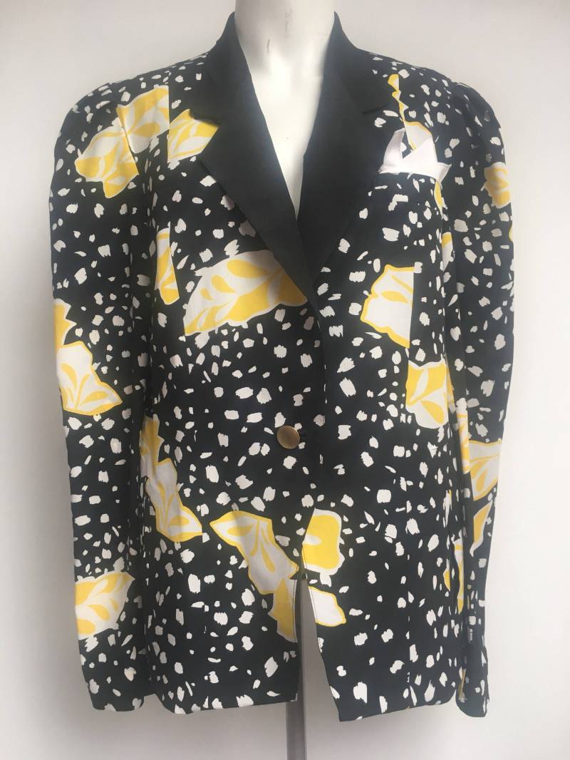 Vintage Jean Claire 1980S Fett Grafik-Druck Damen Langarm-Shirt Bluse Stoff Formelle Jacke Gelb Schwarz Größe Uk 42 Medium von redmutha