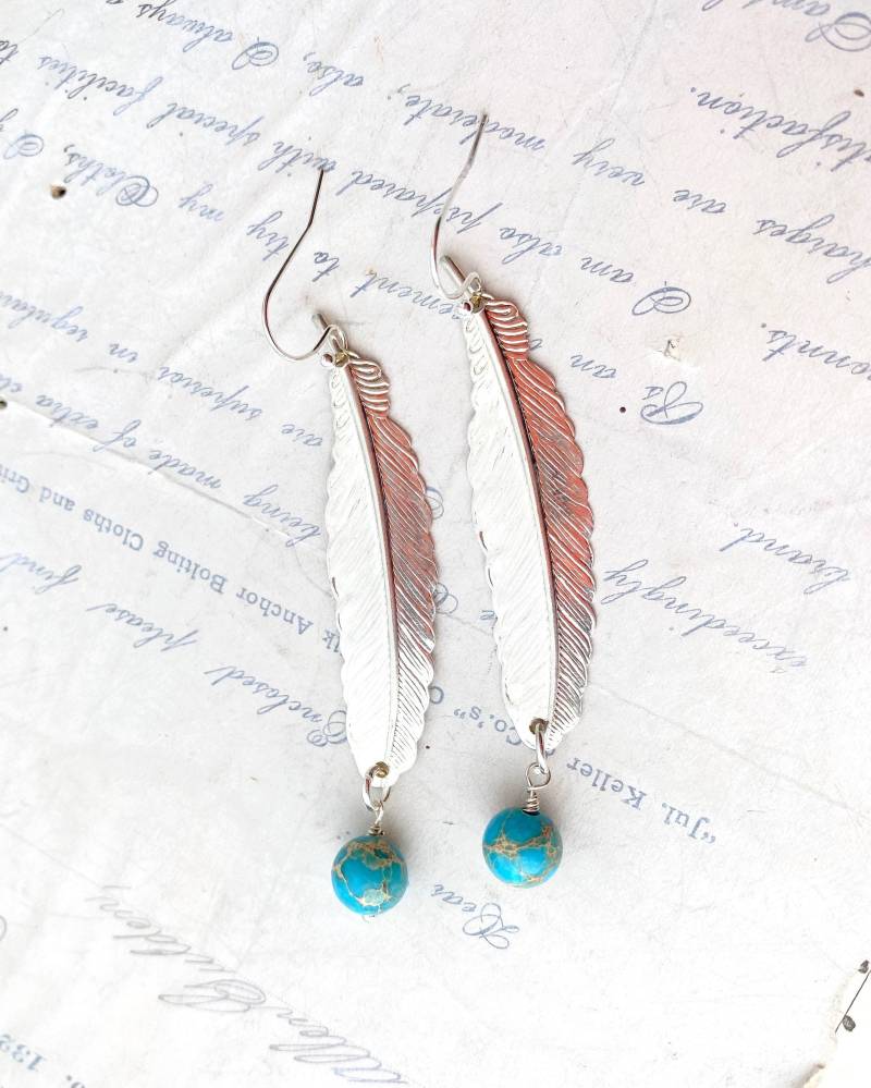 Silberne Feder-Ohrringe Türkis Boho Ohrringe von redtruckdesigns