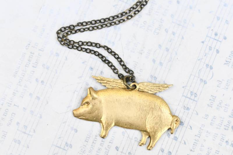 Wenn Schweine Halskette Whimsical Schwein Anhänger Messing Schmuck Inspirierend Viel Glück Fliegen von redtruckdesigns