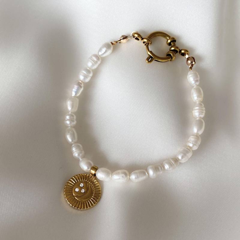 Perlenarmband Mit Anhänger 18K Vergoldet Süßwasserperlen Armband Gold Sonnenarmband Mondarmband Hochzeitsschmuck Braut von refinedclassic