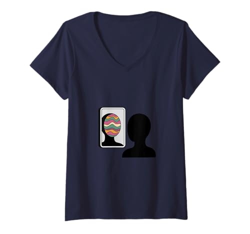 Damen faceless human figure looking into a minimalist mirror T-Shirt mit V-Ausschnitt Damen faceless human figure looking into a minimalist mirror T-Shirt mit V-Ausschnitt von reflection is a colorful abstract version Symbolic