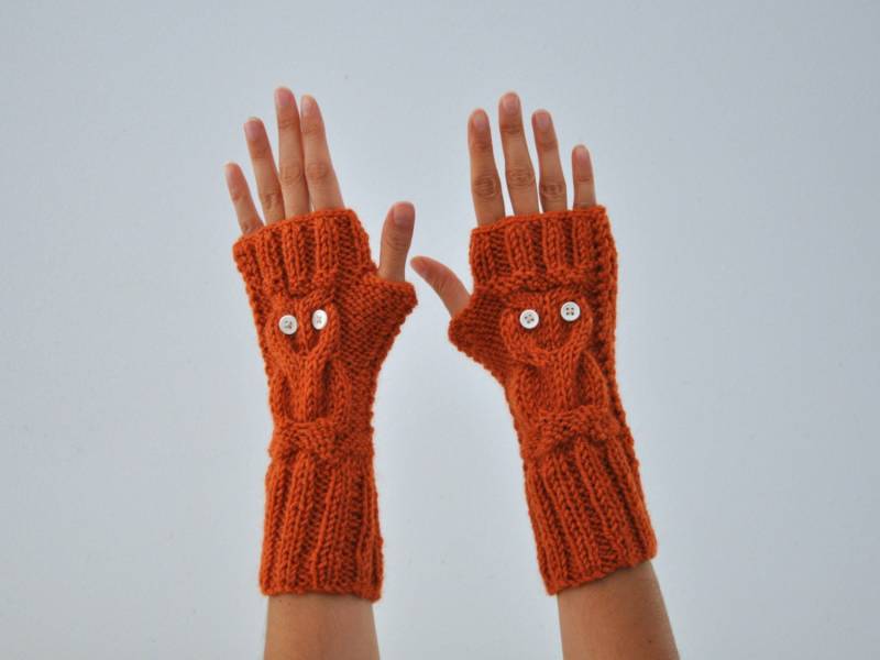 Eule Handschuhe Fingerlose Winter Armstulpen Ziegel Gebrannte Orange Handstricken Ernte Herbst Mode von reflectionsbyds