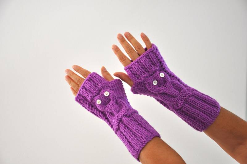 Lila Eulen Handschuhe Armstulpen Fingerlose Frauen Strick Fäustlinge Winter von reflectionsbyds