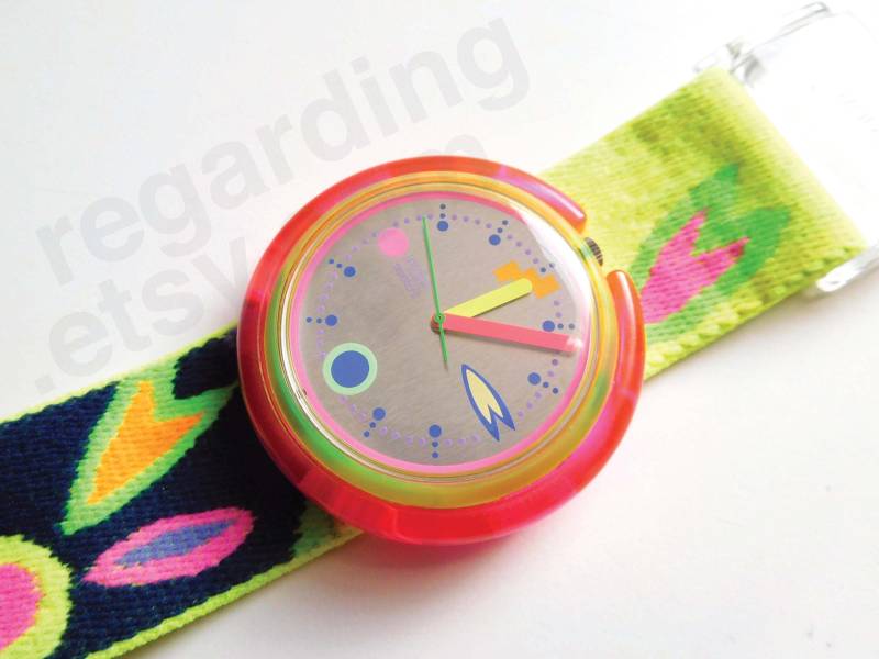 1990Er Jahre 1991 Pop Swatch Uhr Pwj103 "Micro Garden' 39 Mm, Hellgelbe Lime Pink Regenbogengrafik, Ausgezeichneter Ungetragener Zustand, Ohne Box von regarding