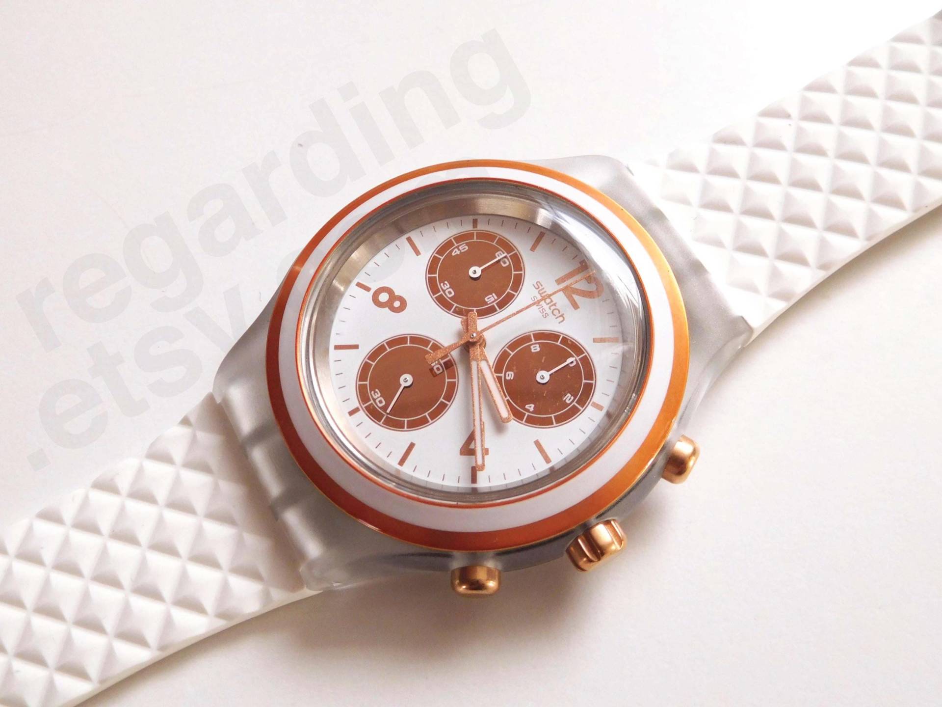 Swatch Uhr Chrono Irony Diaphane "Elerose' Svck1006, Large 43 Mm Größe, Zeigt Die Zeit An Und Funktioniert, Neuer, Ungetragener Zustand, Ohne Box von regarding