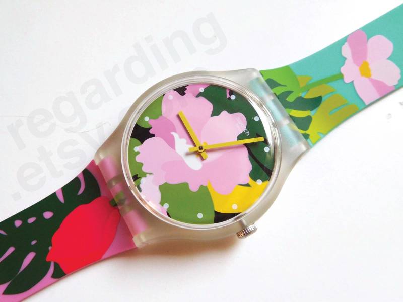 Swatch Uhr "Tropical Garden' Suok132, Large 41 Mm, Newgent Grösse, Bunt Florales Grafikdesign, Sehr Guter Ungetragener Zustand, Ohne Box von regarding