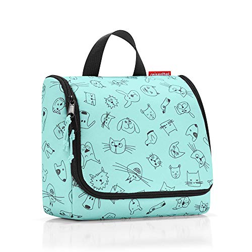 reisenthel toiletbag kids WH4062 cats and dogs mint – Kulturbeutel mit 3l Volumen – Aufklappbar mit Haken zum Aufhängen und Spiegel – B 23 x H 20 x T 10 cm von reisenthel