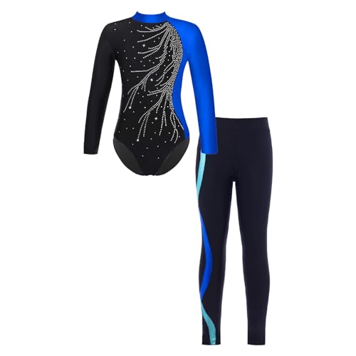 renvena Mädchen Gymnastikanzug Turnanzug Langarm Bodysuit Trikot Body mit Leggings Lange Hose Skinny Tight Kinder Sport Ballett Kleidung Blau 146-152/11-12 Jahre von renvena