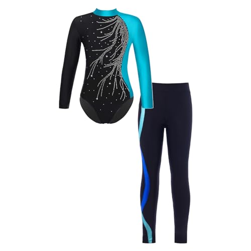 renvena Mädchen Gymnastikanzug Turnanzug Langarm Bodysuit Trikot Body mit Leggings Lange Hose Skinny Tight Kinder Sport Ballett Kleidung Blue Green&Royal Blue 122-128/7-8 Jahre von renvena