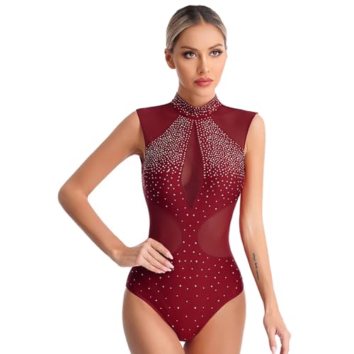 renvena Damen Ballett Body Trikot Ärmellos Ballettanzug Leotard Turnbody mit Strass Gymnastikanzug Tanzbody Rückenfrei Dancewear Burgundy XXL von renvena