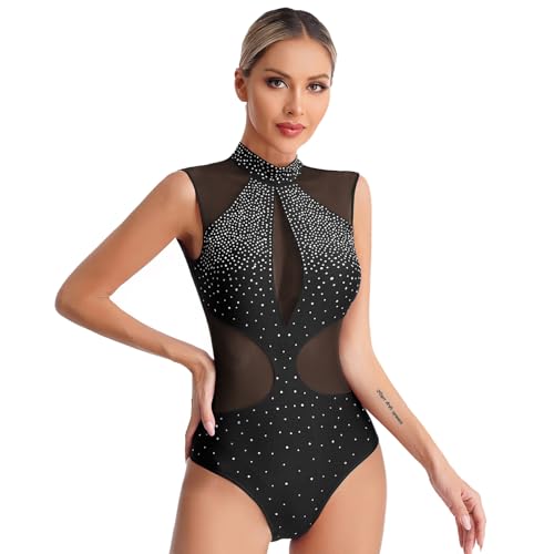 renvena Damen Ballett Body Ärmellos Ballettanzug Trikot Leotard Turnbody mit Strass Gymnastikanzug Rückenfrei Dancewear Schwarz S von renvena