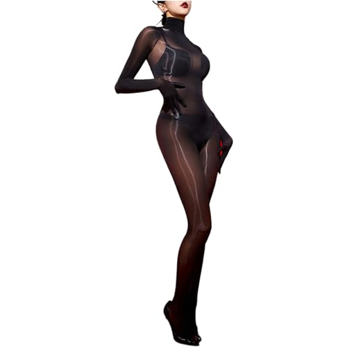 renvena Damen Bodystocking Ölige Glänzend Overall Nylon Strümpfe Stocking Durchsichtig Unterwäsche Reizwäsche Erotisch Dessous Schwarz One Size von renvena