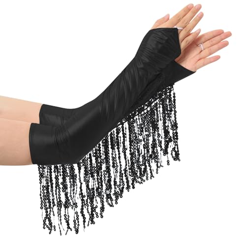 renvena Damen Glänzend Ärmelstuplen Fingerlose Handschuhe Lang mit Glitzern Fransen Flapper Kostüm Vintage Disco Hippe Kostüm Zubehör Schwarz Einheitsgröße von renvena