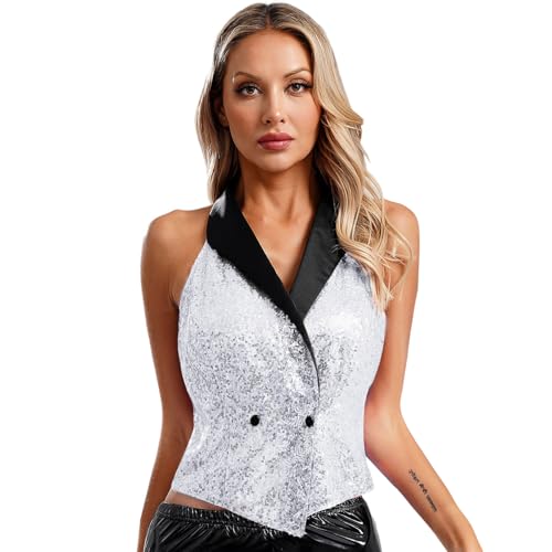 renvena Damen Glitzer Weste Anzugweste Ärmellos Oberteil Neckholder mit Kragen Vintage Disco Mottoparty Karneval Kostüm Silber S von renvena