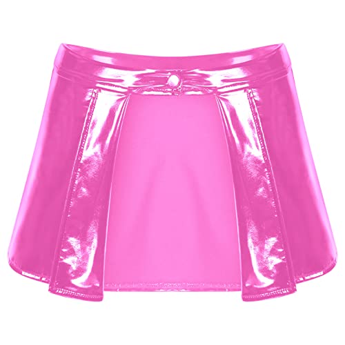 renvena Damen Lack Leder Rock Sexy Minirock Faltenrock Vorne Offen Partyrock Wetlook Latex Outfit Gogo Tanz Club Kostüm Hot Pink 3XL von renvena