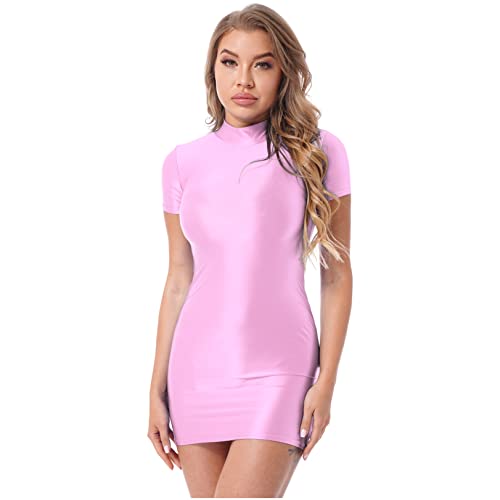 renvena Damen Minikleid Sexy Kurz Eng Partykleid Stretch Bleistiftkleid Kurzarm Stehkragen Etuikleid Einfarbig Party Clubwear Rosa XL von renvena