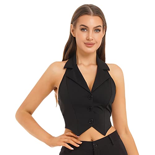 renvena Damen Neckholder Oberteil Weste Taillert Anzugweste mit Rever Kragen Button Down Sexy Tops Rückenfrei Schwarz M von renvena