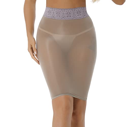 renvena Damen Nylon Minirock Sexy Unterrock Transparent Bodycon Rock mit Spitze Bund Stretch Bleistiftrock Bandage Röckchen Unterwäsche Dessous Clubwear Grau One Size von renvena