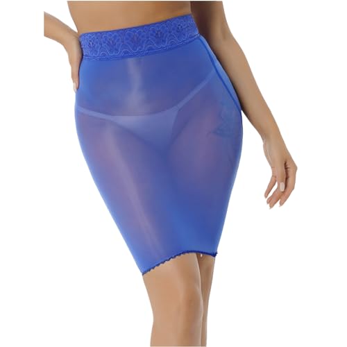 renvena Damen Nylon Minirock Sexy Unterrock Transparent Bodycon Rock mit Spitze Bund Stretch Bleistiftrock Bandage Röckchen Unterwäsche Dessous Clubwear Blau One Size von renvena
