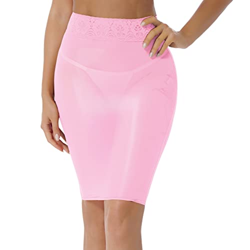 renvena Damen Nylon Minirock Sexy Unterrock Transparent Bodycon Rock Stretch Bleistiftrock Bandage Röckchen Unterwäsche Dessous Clubwear Rosa One Size von renvena