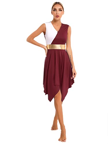 renvena Damen Tanzkleid Latein Standard Tanz Kleider Ärmellos mit V-Ausschnitt Unregelmäßig Rock Swing Eletgant Tanzkostüm für Bühne Auftritt Burgundy L von renvena