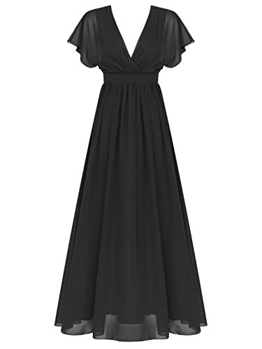 renvena Elegant Chiffon Kleider Damen V-Ausschnitt Ballkleider Lange Brautjungfer Cocktailkleid Party Festlich Hochzeit Abendkleid Schwarz 46 von renvena