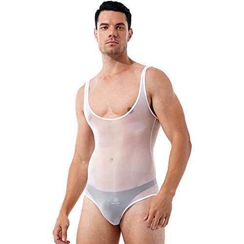 renvena Herren Body Transparent Bodysuit Ärmellos Unterhemd Muskelshirt Männer Unterwäsche Stringbody Dessous Overall Nachtwäsche Weiß One Size von renvena