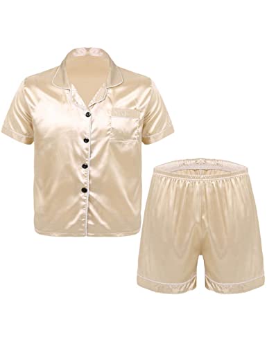 renvena Herren Satin Pyjama Kurz Zweiteiliger Schlafanzug Kurzarm Schlafshirt mit Shorts Sommer Nachtwäsche Sleepwear Loungewear Champagner M von renvena