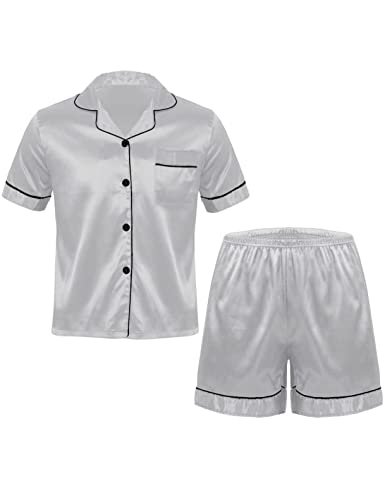 renvena Herren Satin Pyjama Kurz Zweiteiliger Schlafanzug Kurzarm Schlafshirt mit Shorts Sommer Nachtwäsche Sleepwear Loungewear Silbergrau L von renvena