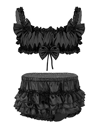 renvena Herren Sissy Dessous Set Satin BH Oberteil mit Rüschen Höschen Männer Erotik Lingerie Babydoll Reizvoll Nachtwäsche Clubwear Schwarz XXL von renvena