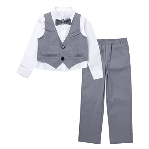 renvena Jungen 4 tlg. Bekleidungsset Festlich Anzug Set Baumwolle Langarm Hemd Anzughose mit Anzugweste Fliege Kinder Taufbekleidung Gentlemen Kostüm Grau 110-116/5-6 Jahre von renvena