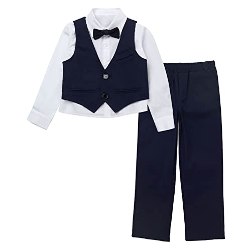 renvena Jungen 4 tlg. Bekleidungsset Festlich Anzug Set Baumwolle Langarm Hemd Anzughose mit Anzugweste Fliege Kinder Taufbekleidung Gentlemen Kostüm Marineblau 104-110/4-5 Jahre von renvena