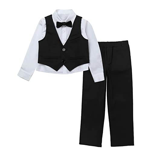 renvena Jungen 4 tlg. Bekleidungsset Festlich Anzug Set Baumwolle Langarm Hemd Anzughose mit Anzugweste Fliege Kinder Taufbekleidung Gentlemen Kostüm Schwarz 122-128/7-8 Jahre von renvena