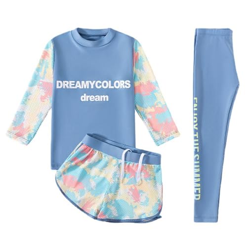 renvena Mädchen Badekleidung Kinder Badeanzug Set UV Schutz Langarm Oberteil Shirt mit Shorts Leggings Bademode Sommer Blau 128-140/8-10 Jahre von renvena