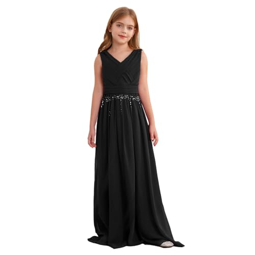 renvena Mädchen Festlich Hochzeit Kleider Blumenmädchenkleid Lang mit Glitzern V-Ausschnitt Brautjunfernkleid Chiffon Party Kleid Elegant Abschlussball Schwarz 134-140 von renvena