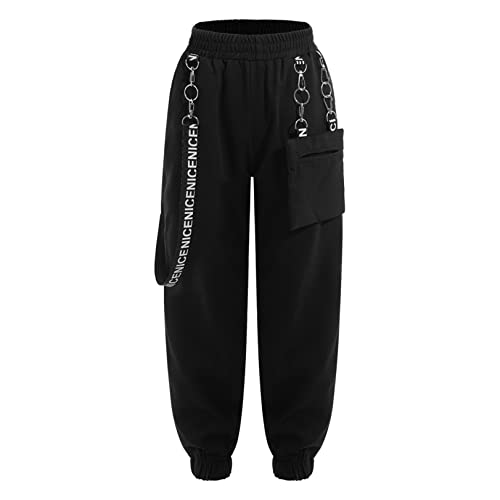 renvena Mädchen Cargohose Weites Bein Baggy Hose Lange Pants Freizeithose mit Gummizug Kinder Teenager Hip Hop Jazz Tanz Outfit A Schwarz 146-152/11-12 Jahre von renvena