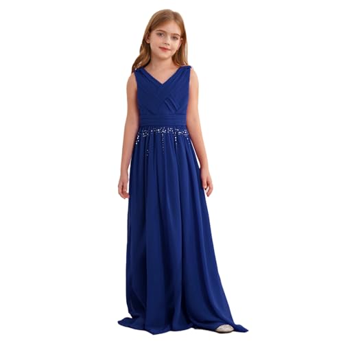renvena Mädchen Festlich Hochzeit Kleider Blumenmädchenkleid Lang mit Glitzern V-Ausschnitt Brautjunfernkleid Chiffon Party Kleid Elegant Abschlussball Blau 146-152 von renvena