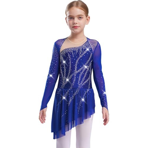 renvena Mädchen Glitzer Tanzkleid Langarm Eiskunstlauf Kleid Kürkleid Asymmetrisch Ballett Modern Dance Tanz Outfit Blau 134-140 von renvena